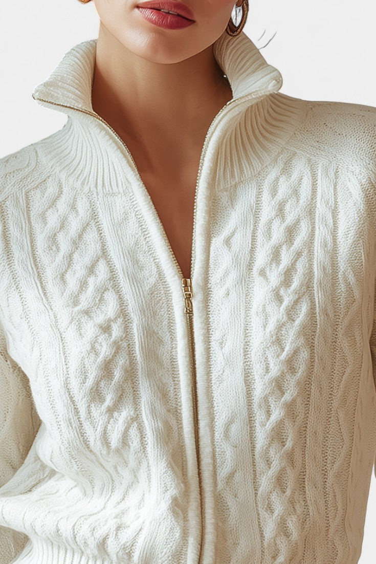 LILIOSA™ | Cardigan Zippé en Maille Torsadée à Col Montant