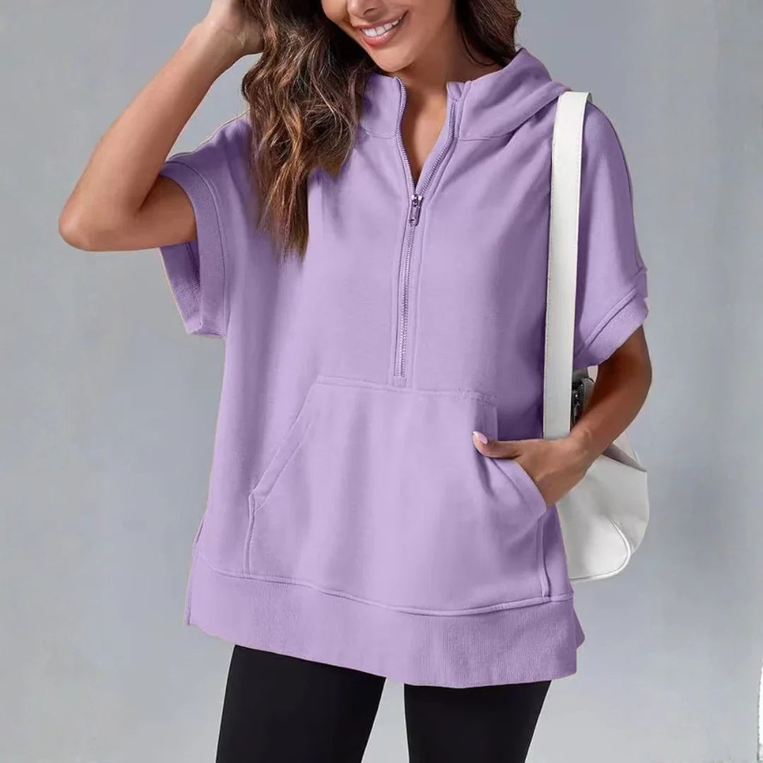 Pull à capuche à zip quart à manches courtes