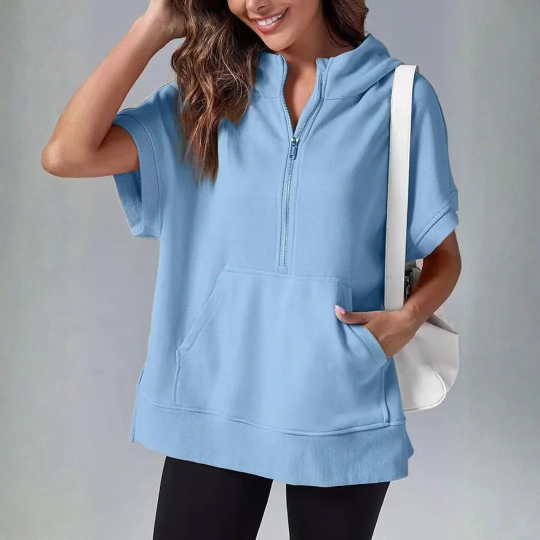 Pull à capuche à zip quart à manches courtes
