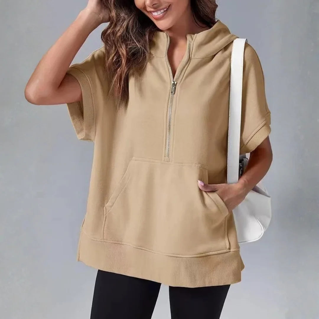 Pull à capuche à zip quart à manches courtes