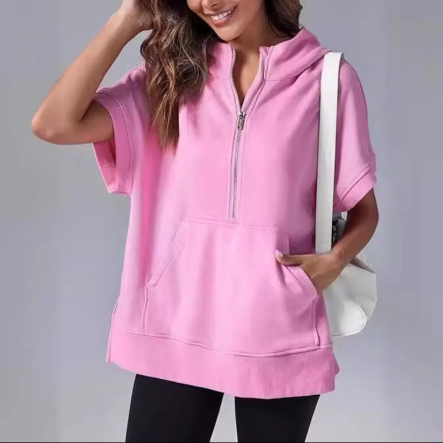 Pull à capuche à zip quart à manches courtes