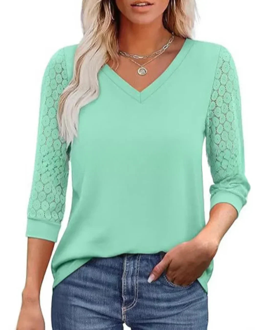 Blouse décontractée à manches en dentelle et décolleté en V