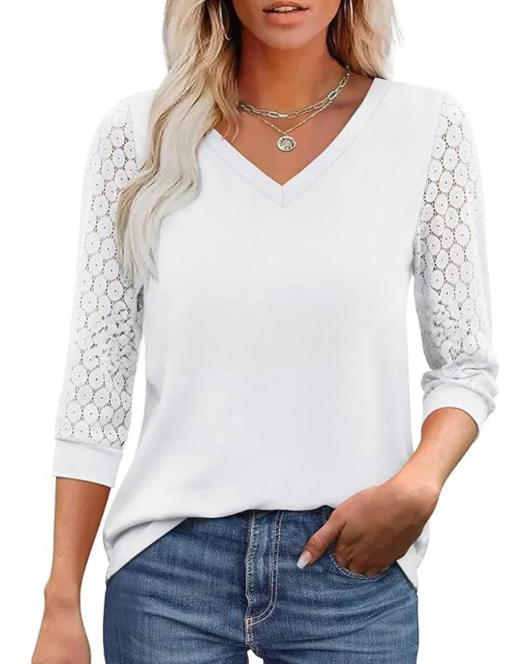 Blouse décontractée à manches en dentelle et décolleté en V