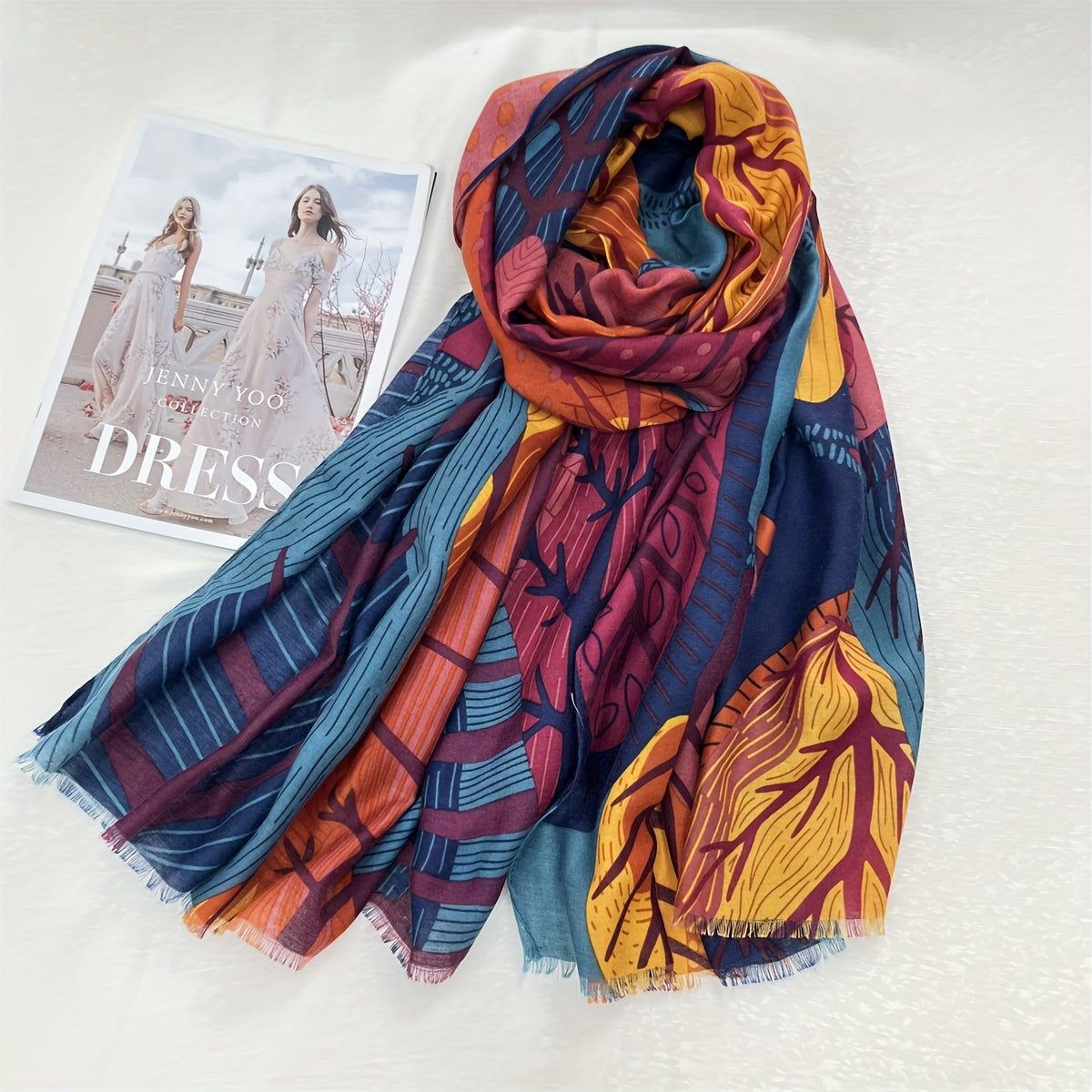 Tamara™ | Écharpe Oblongue Multicolore à Imprimé Feuille