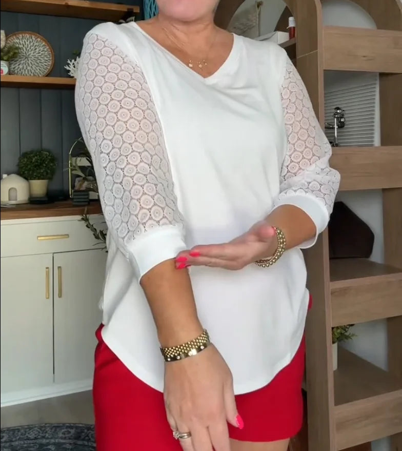 Blouse décontractée à manches en dentelle et décolleté en V