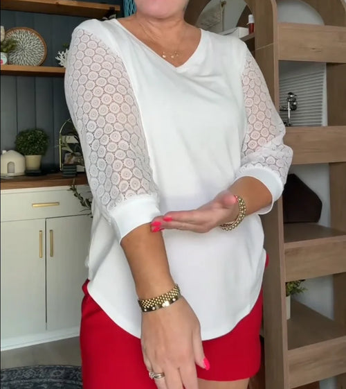 Blouse décontractée à manches en dentelle et décolleté en V