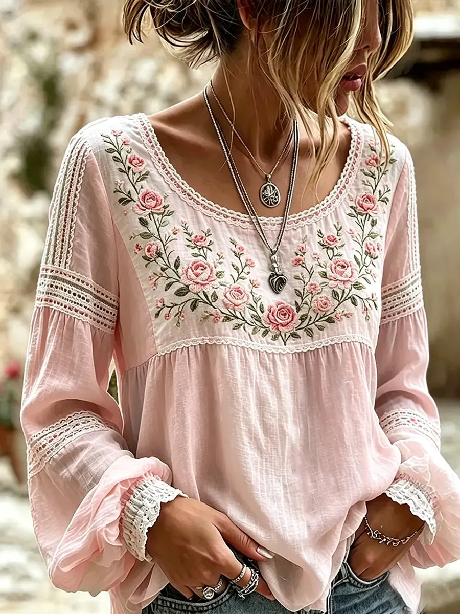 Mireille | Linen Blouse with Rose Embroidery, Square Neck & Lace Inserts