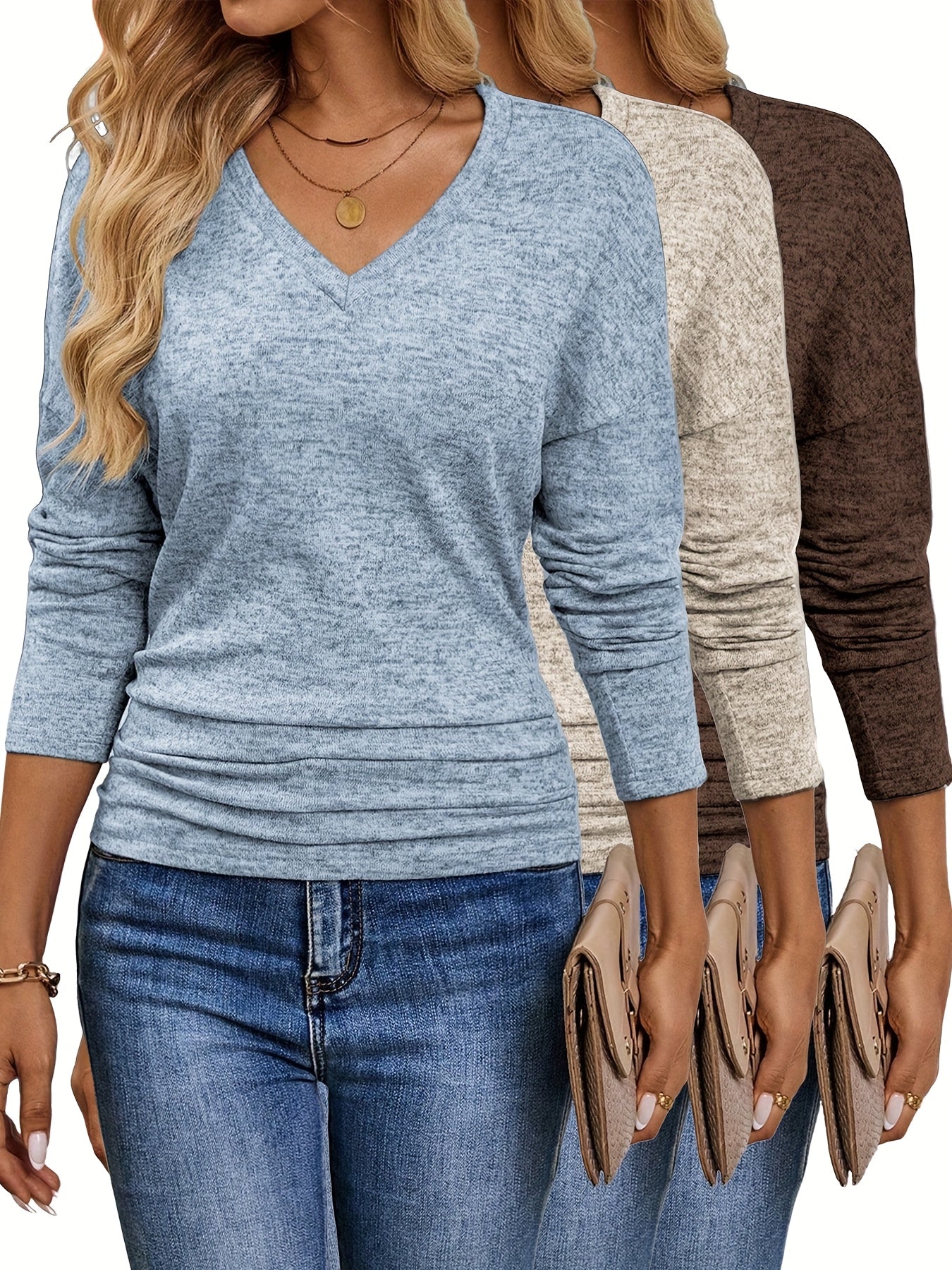 Maura™ | T-Shirt V-Cou Doux et Élastique | Pack de 3 Couleurs
