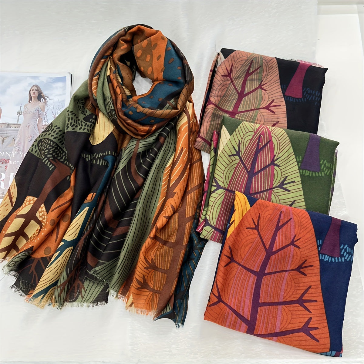 Tamara™ | Écharpe Oblongue Multicolore à Imprimé Feuille