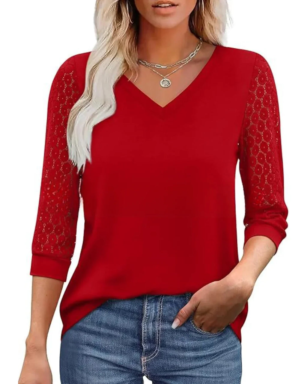 Blouse décontractée à manches en dentelle et décolleté en V