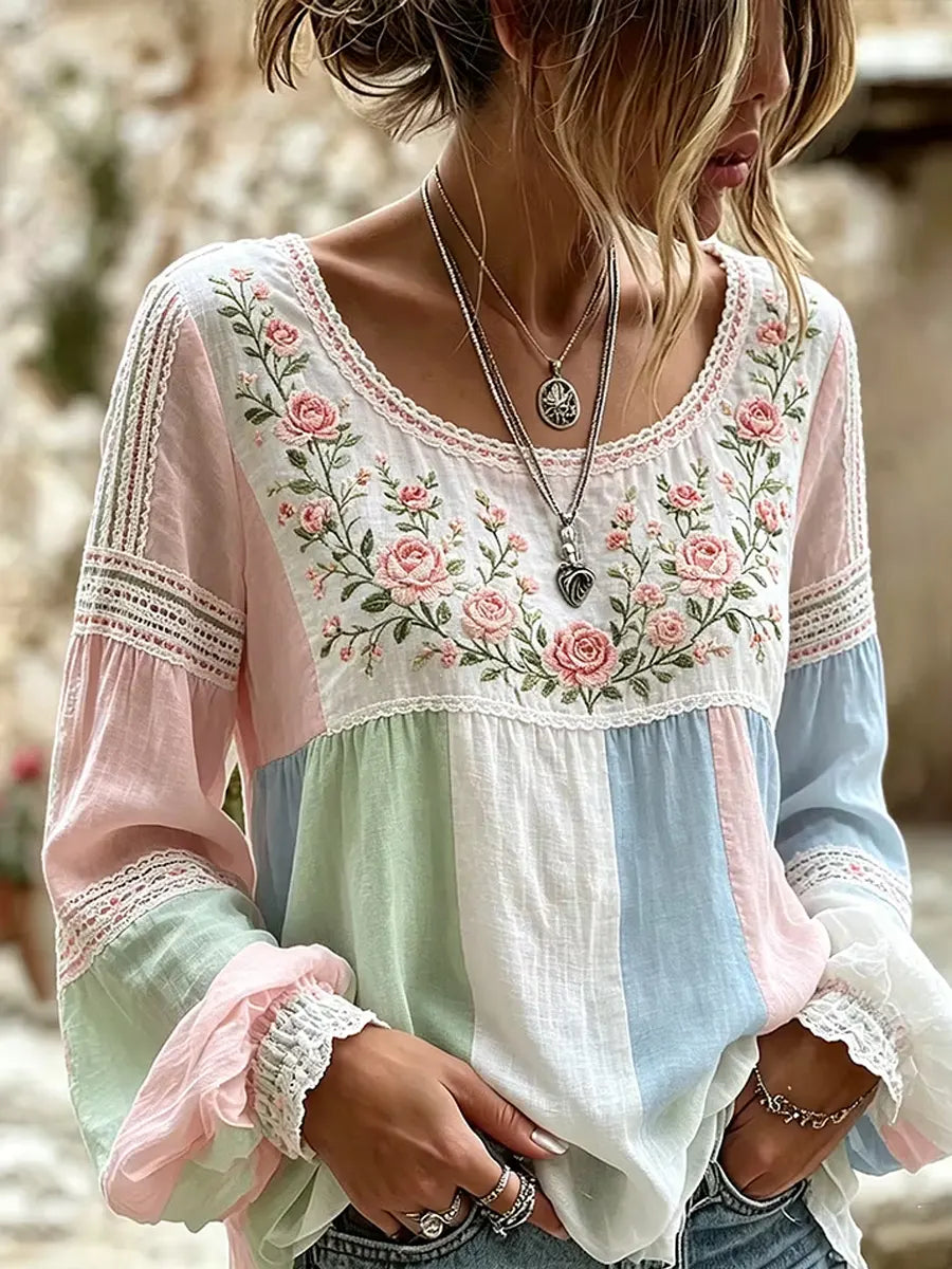 Mireille | Linen Blouse with Rose Embroidery, Square Neck & Lace Inserts