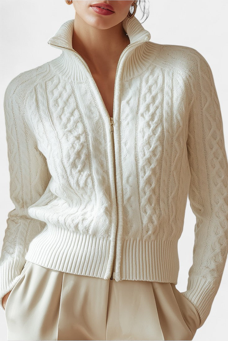 LILIOSA™ | Cardigan Zippé en Maille Torsadée à Col Montant