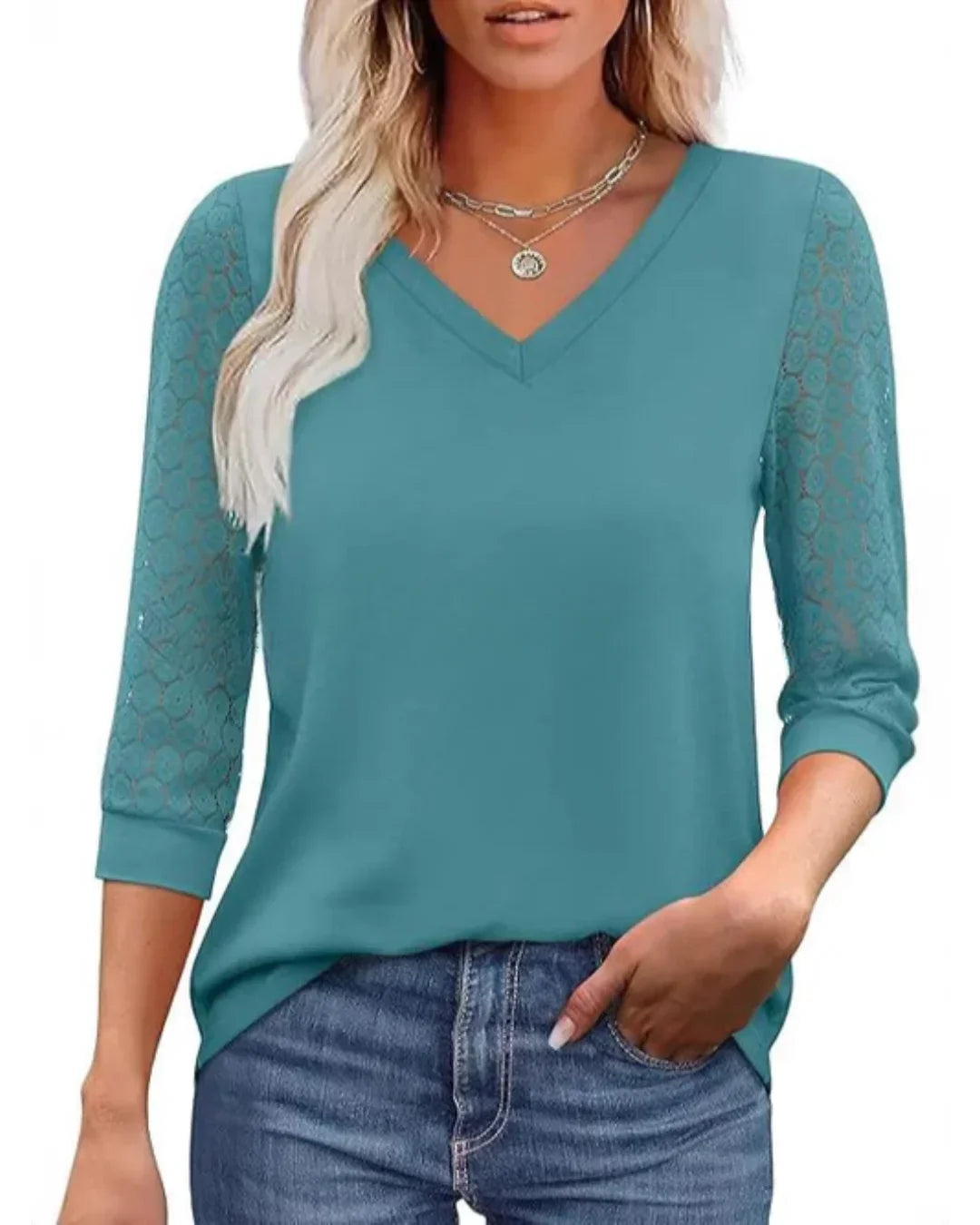 Blouse décontractée à manches en dentelle et décolleté en V