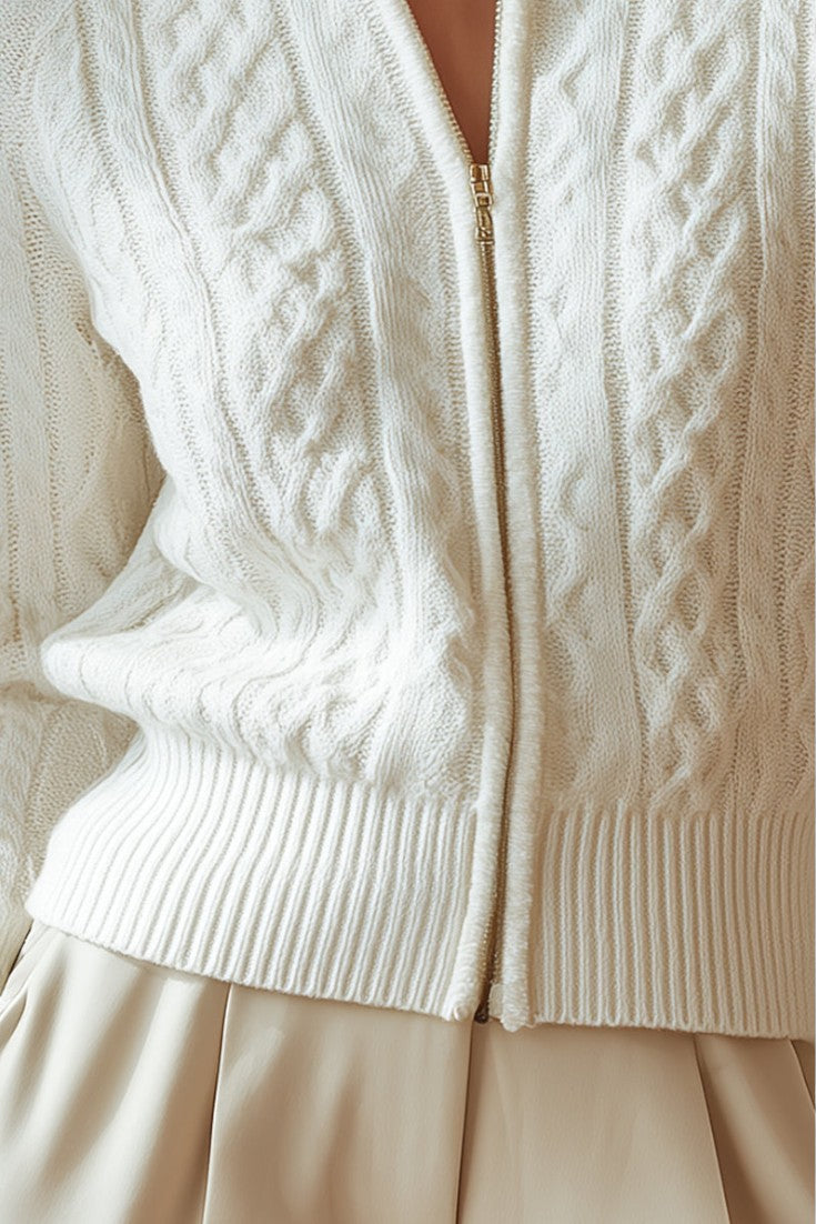 LILIOSA™ | Cardigan Zippé en Maille Torsadée à Col Montant