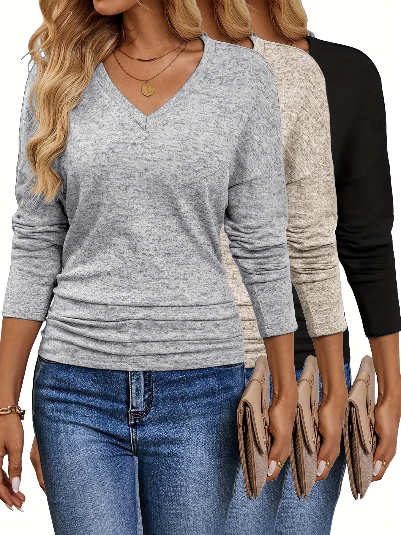 Maura™ | T-Shirt V-Cou Doux et Élastique | Pack de 3 Couleurs