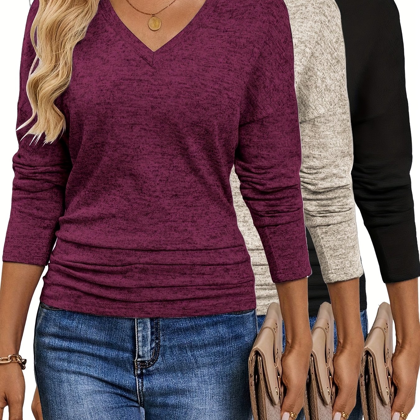 Maura™ | T-Shirt V-Cou Doux et Élastique | Pack de 3 Couleurs