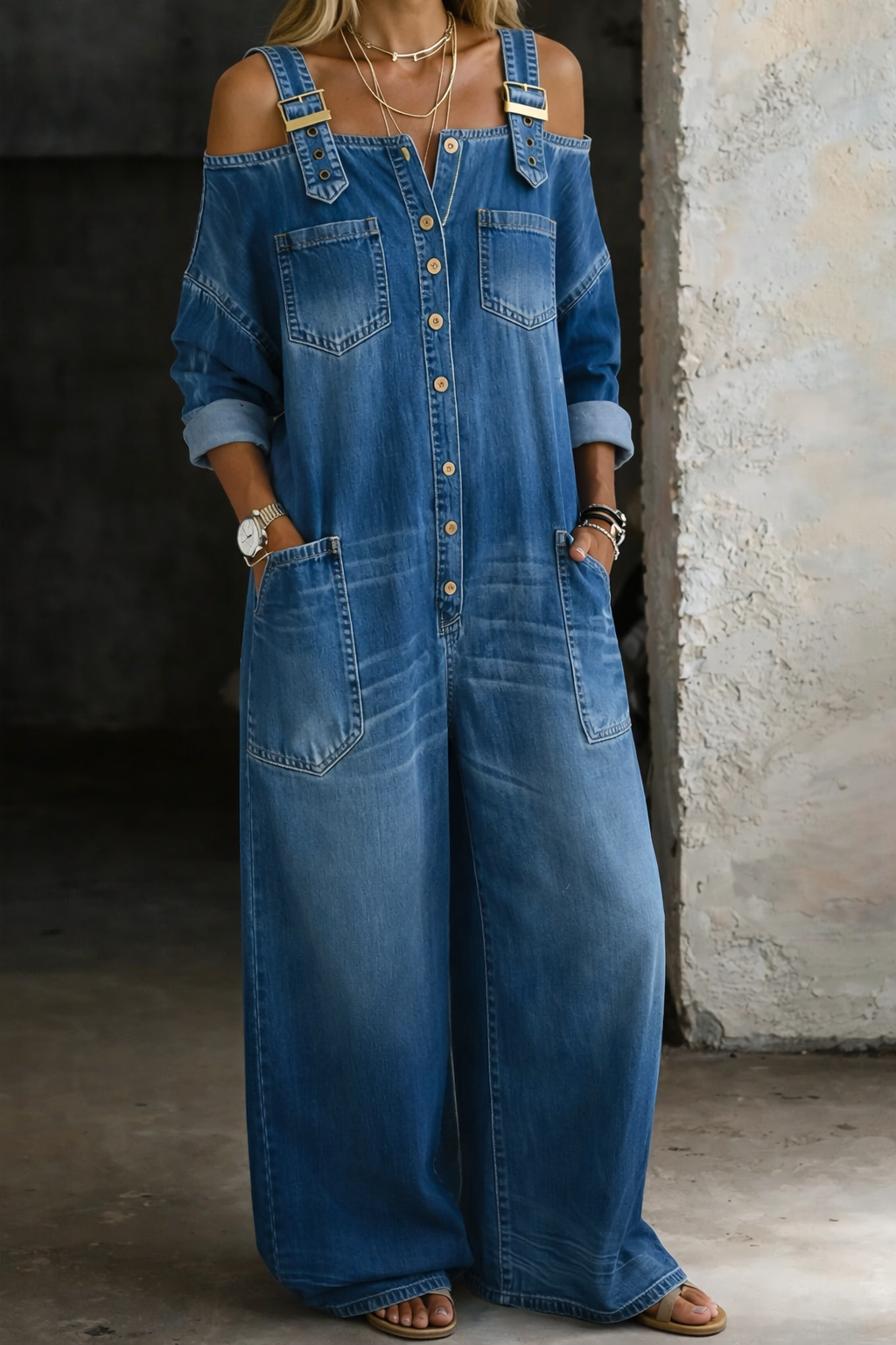 Combinaison en Jean Décontractée à Épaules Dégagées et Jambes Larges
