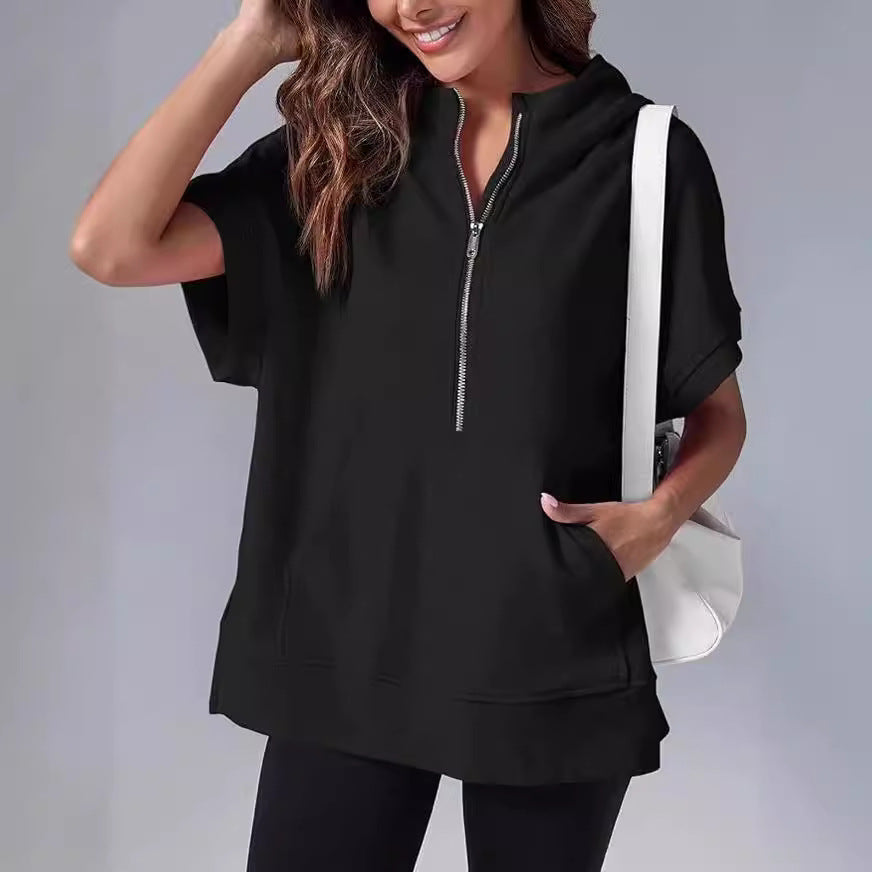 Pull à capuche à zip quart à manches courtes