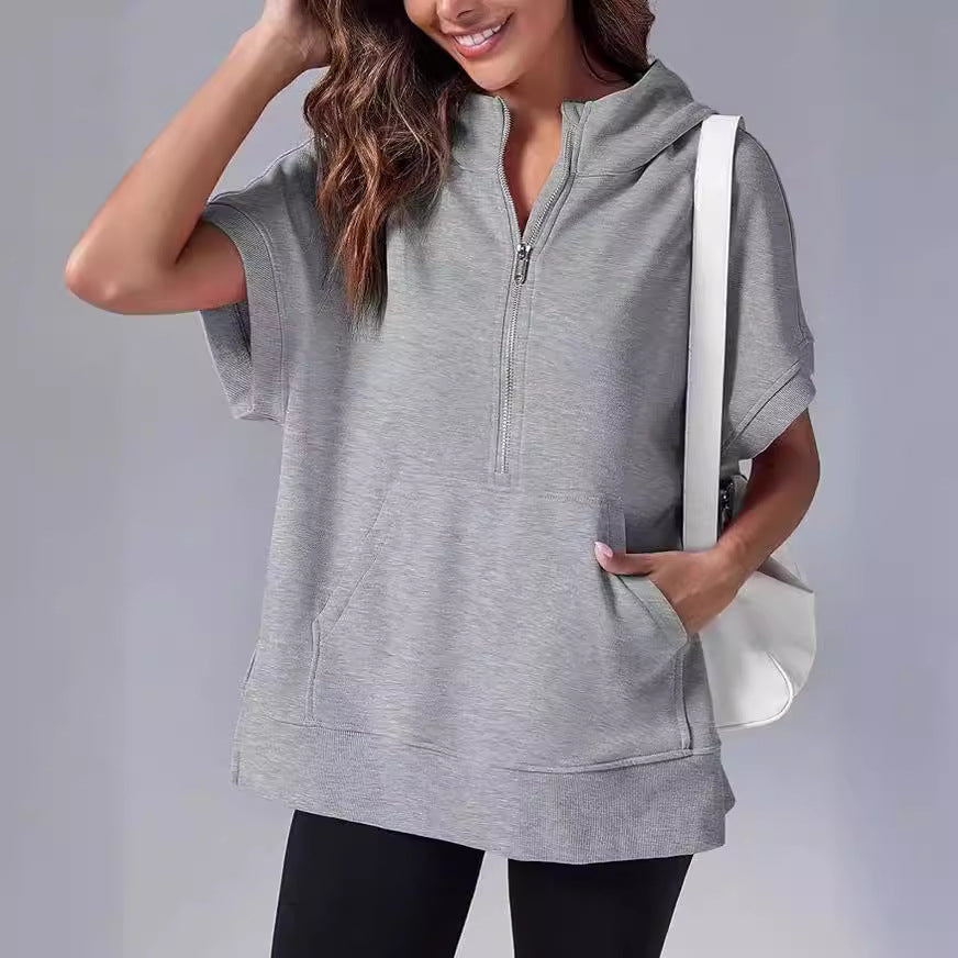 Pull à capuche à zip quart à manches courtes