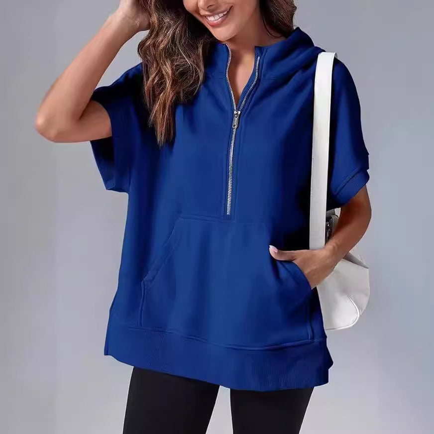 Pull à capuche à zip quart à manches courtes