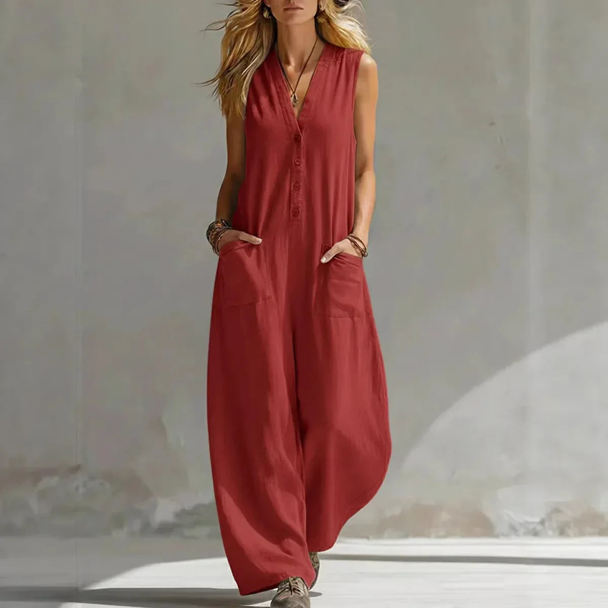 Liora | Casual Sleeveless Jumpsuit in Linen and Cotton