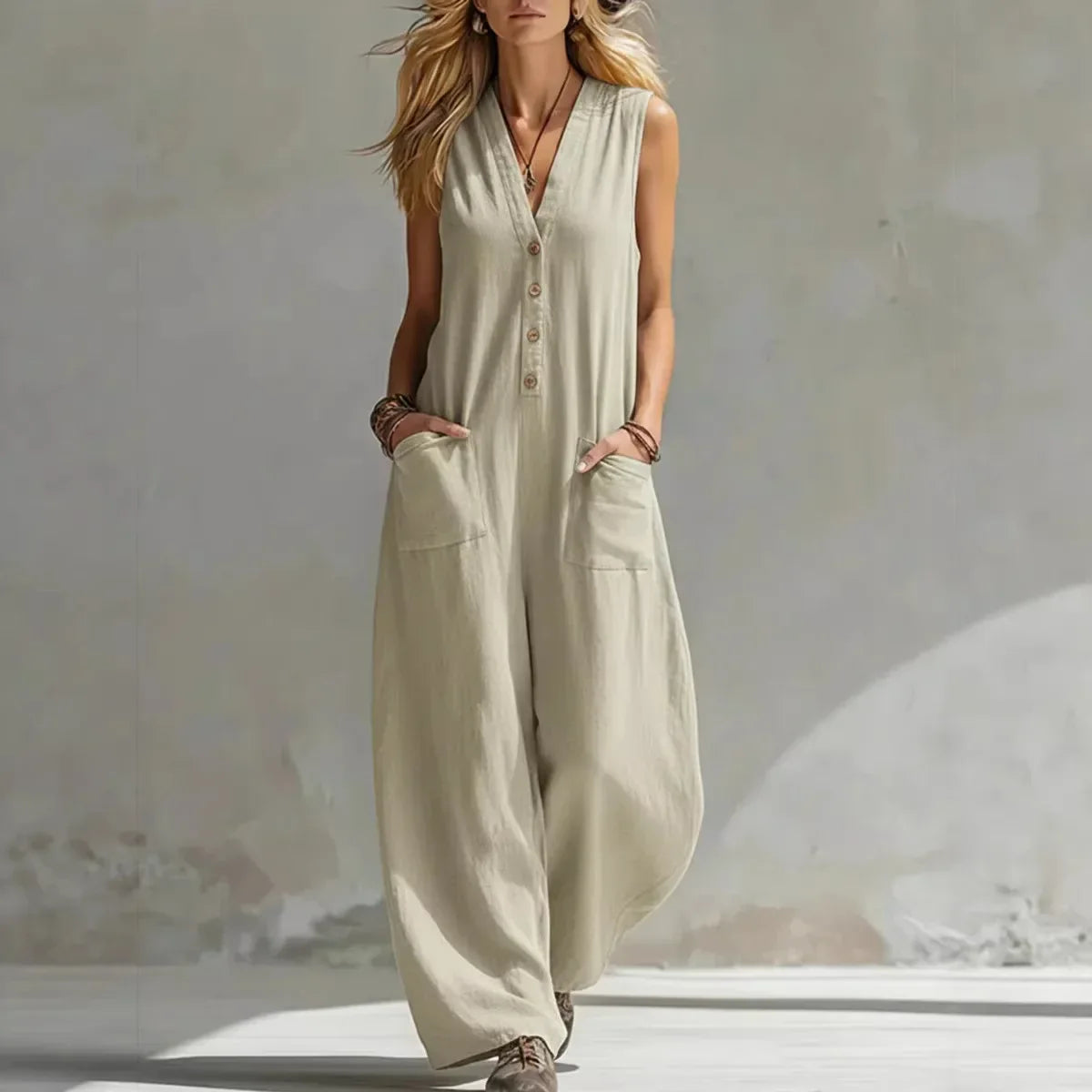 Liora | Casual Sleeveless Jumpsuit in Linen and Cotton