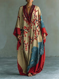 Robe Maxi en Fleurs de Prunier Rouge Japonais avec Manches Chauve-Souris et Imprimé