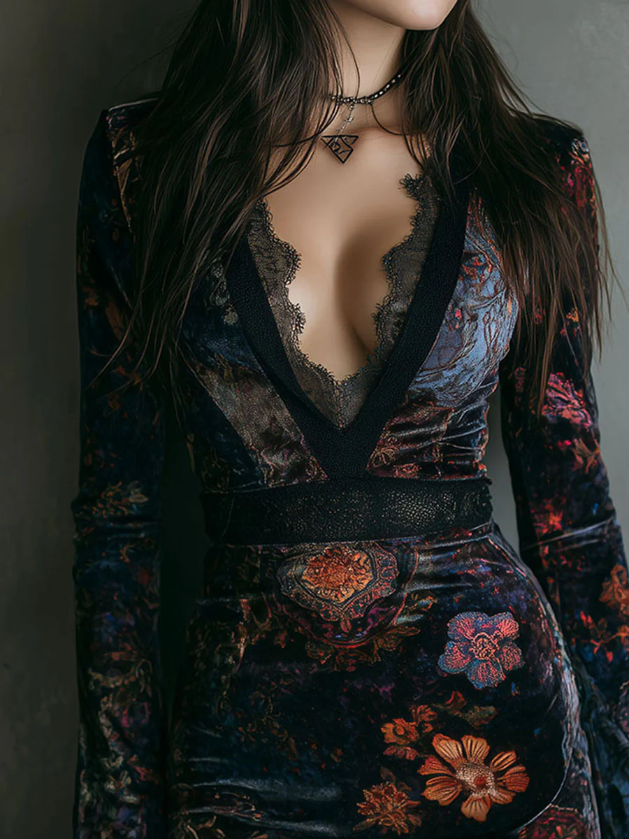 Robe Mini Slim-Fit en Velours à Imprimé Floral et Détails en Dentelle au Col V