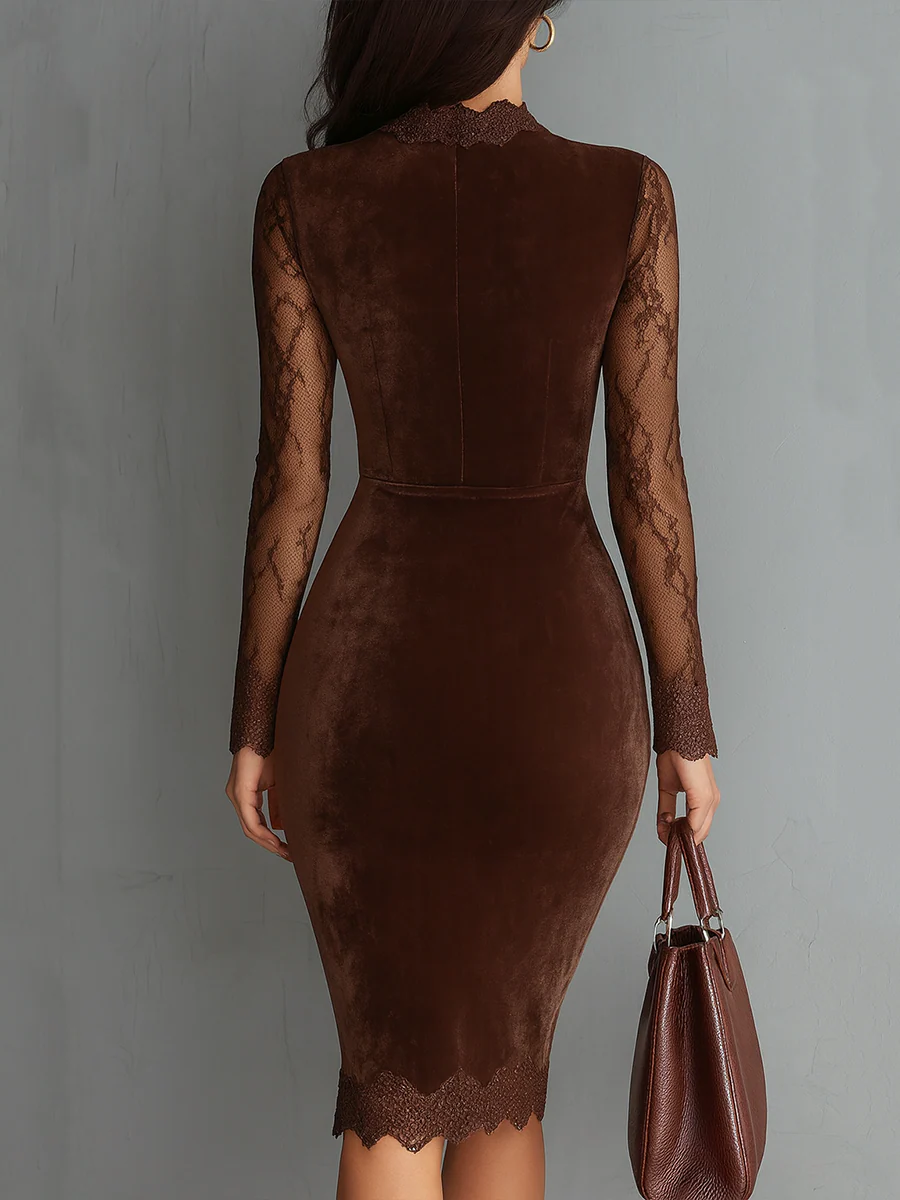 Robe Mini en Velours avec Encolure en Clef et Manches en Dentelle Vintage Marron