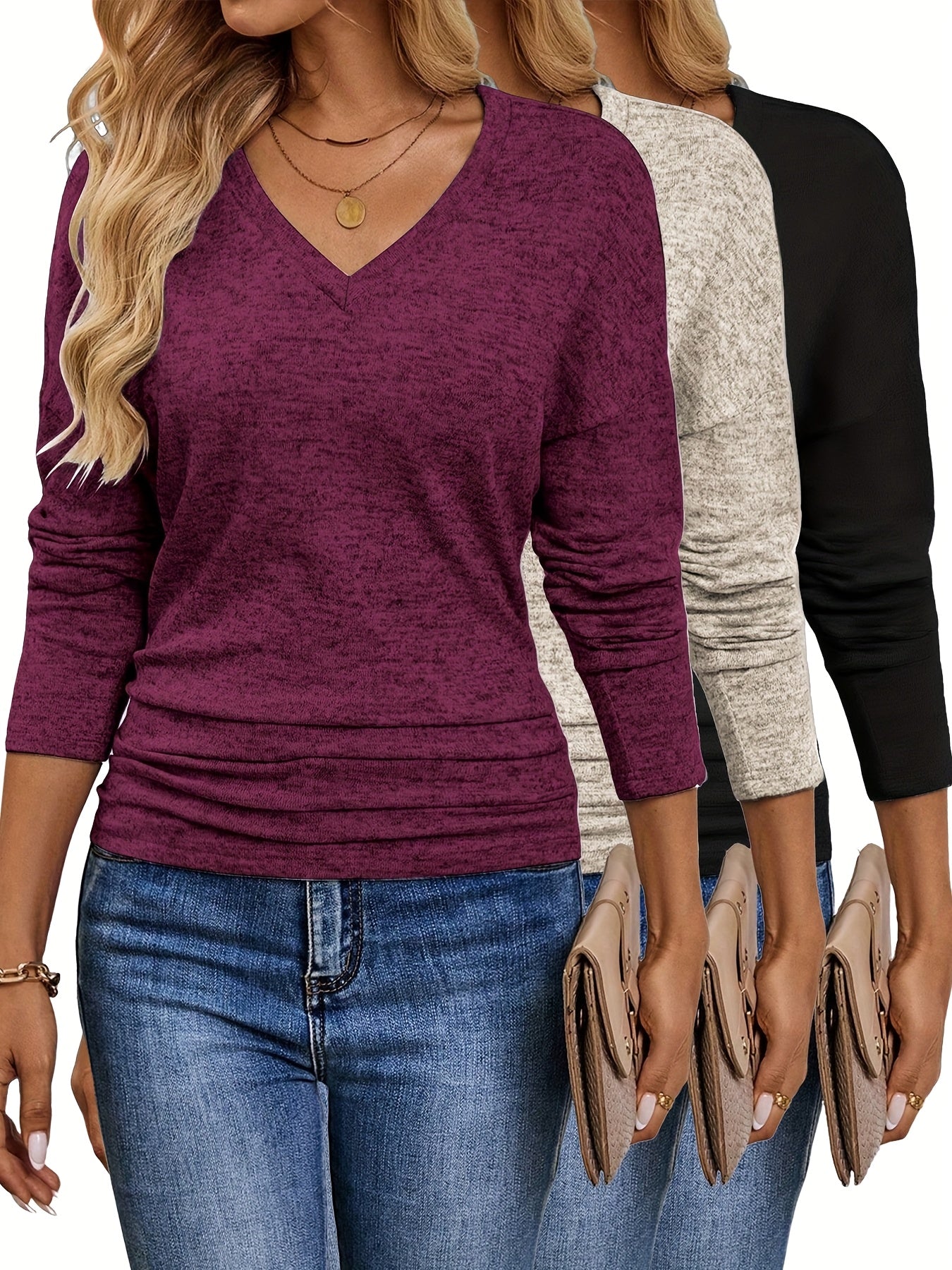 Maura™ | T-Shirt V-Cou Doux et Élastique | Pack de 3 Couleurs