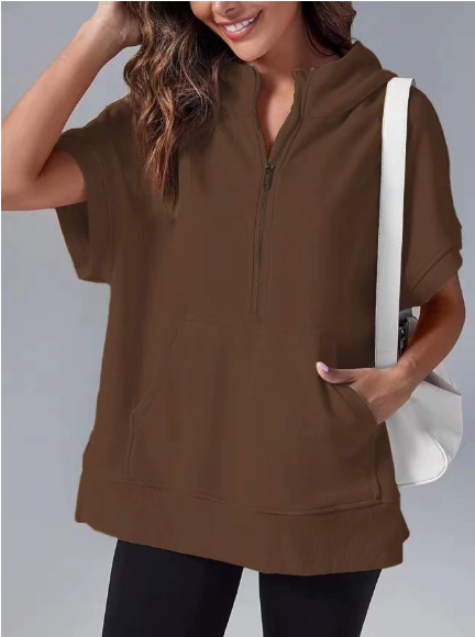 Pull à capuche à zip quart à manches courtes