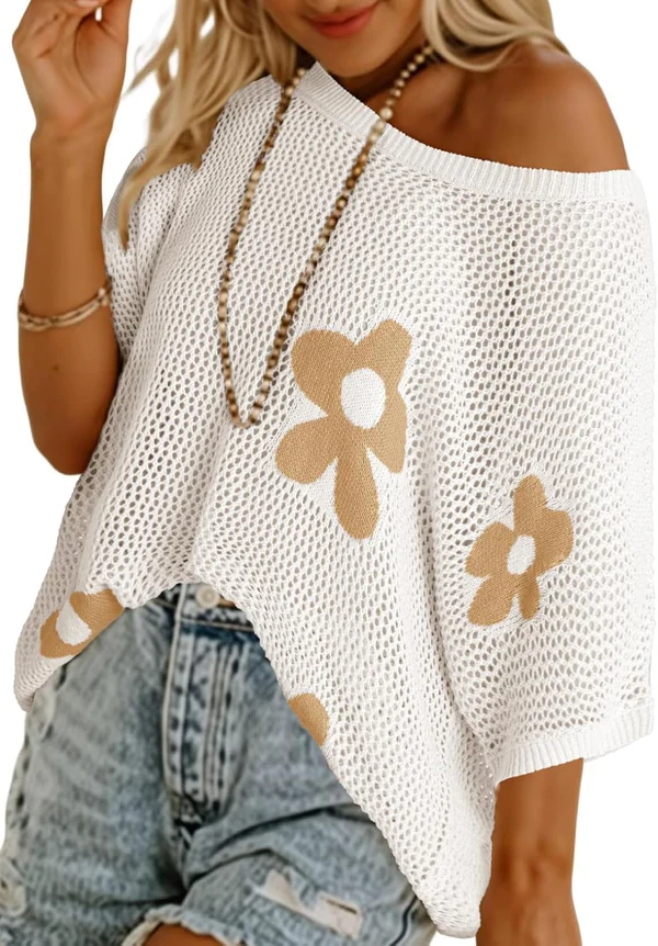 Chemise Batwing en Maille Florale Artistique