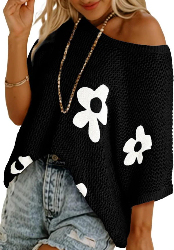 Chemise Batwing en Maille Florale Artistique