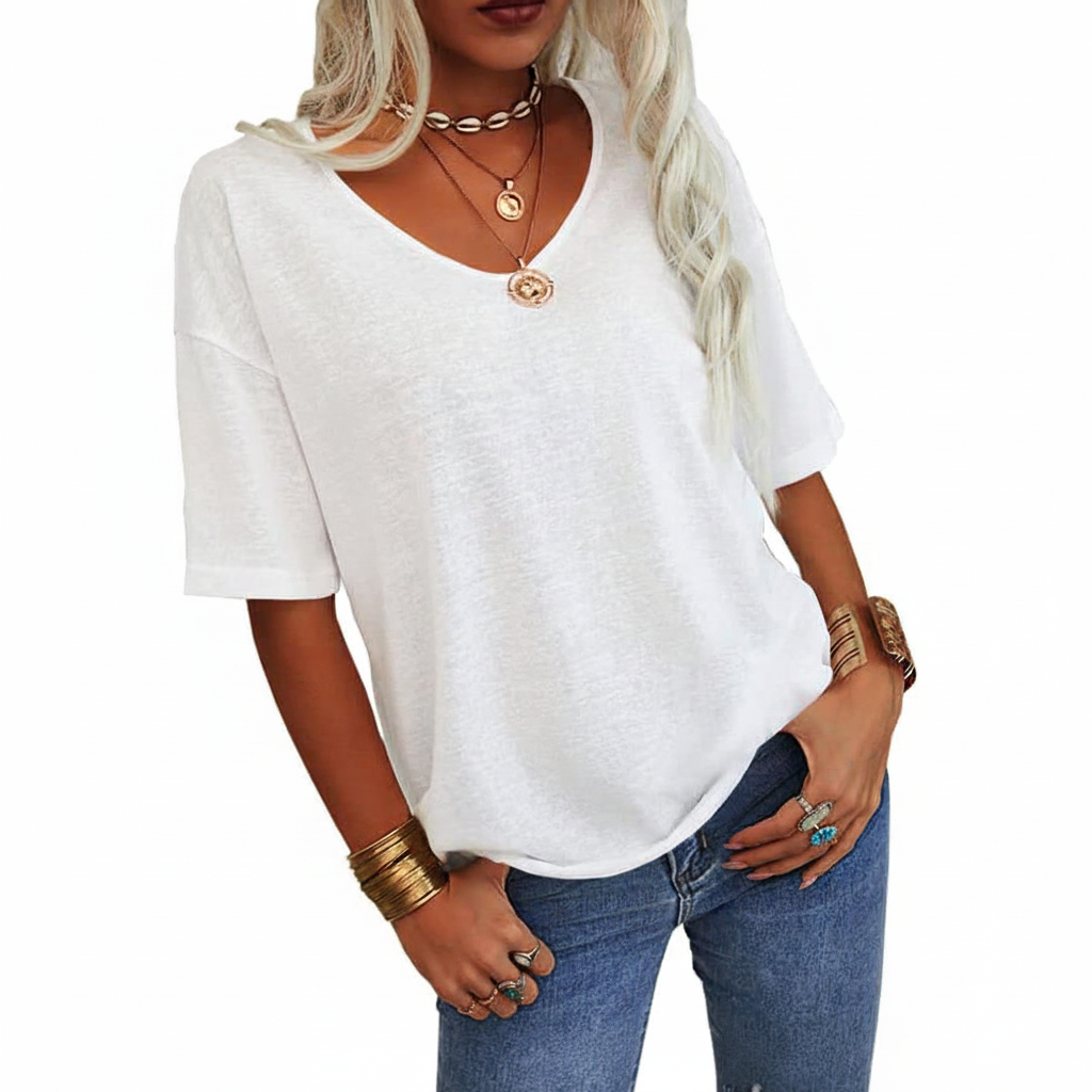 T-shirt V-Neck Chic Décontracté Uni