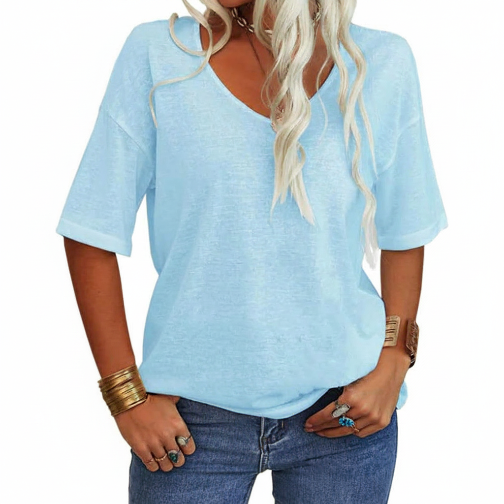 T-shirt V-Neck Chic Décontracté Uni
