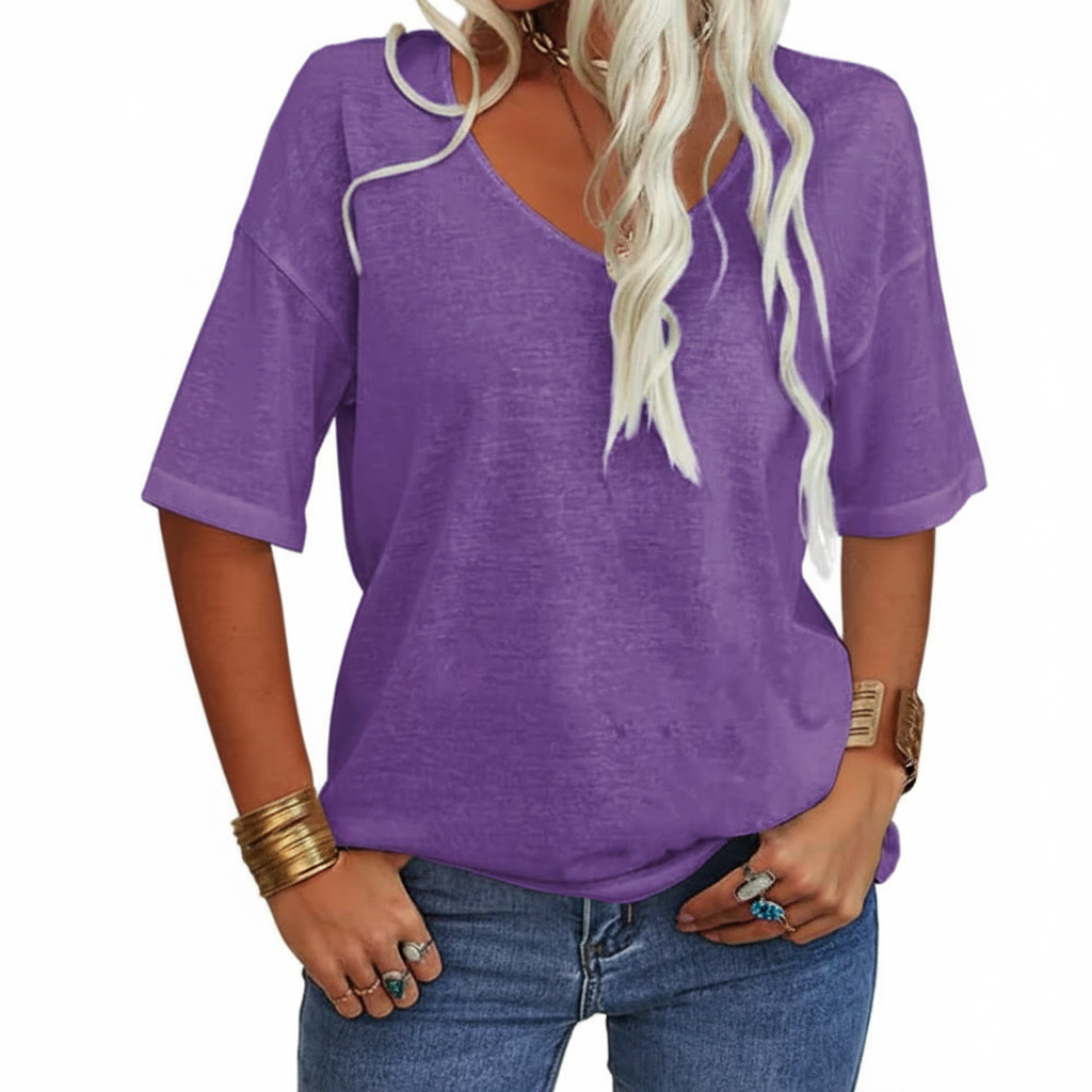 T-shirt V-Neck Chic Décontracté Uni