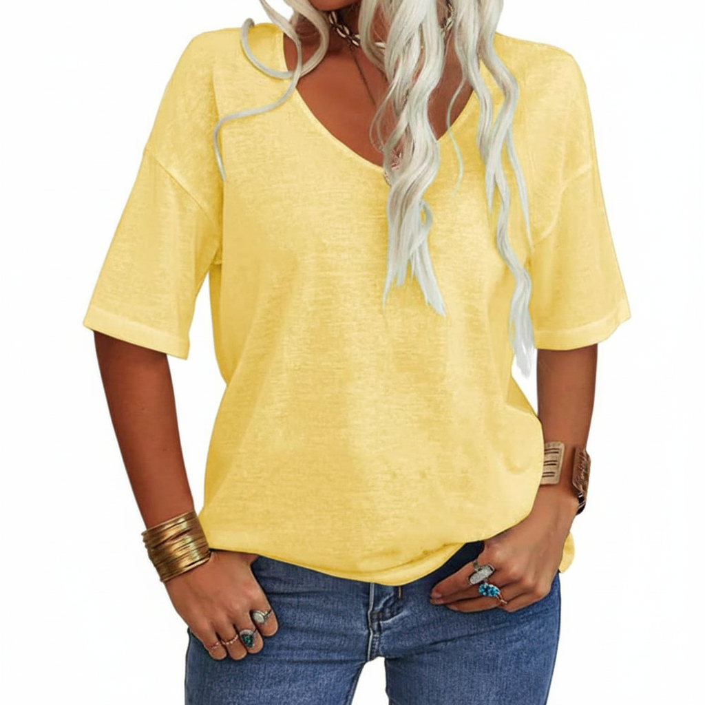 T-shirt V-Neck Chic Décontracté Uni