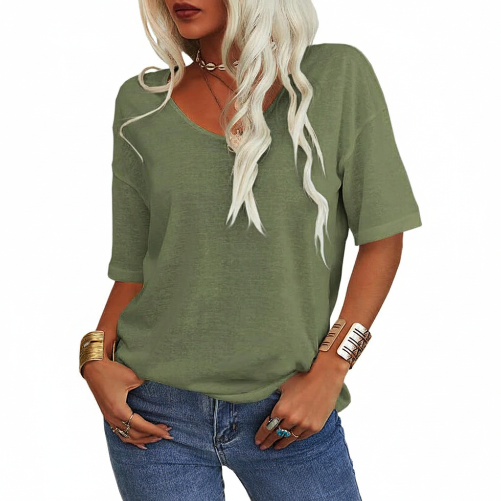 T-shirt V-Neck Chic Décontracté Uni