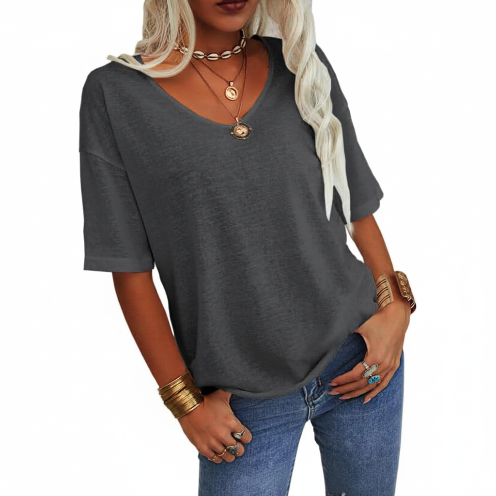 T-shirt V-Neck Chic Décontracté Uni