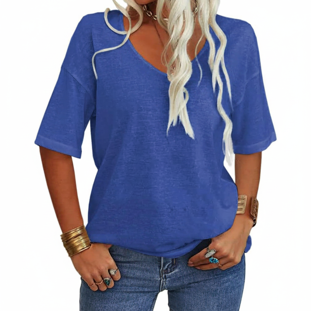 T-shirt V-Neck Chic Décontracté Uni