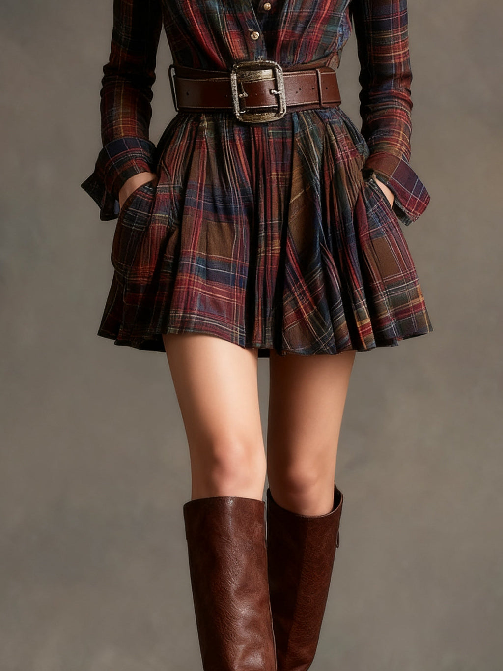 Robe Mini Vintagée à Carreaux Rouges et Marron (Inclut une Ceinture)