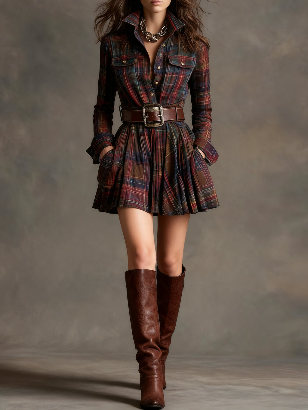 Robe Mini Vintagée à Carreaux Rouges et Marron (Inclut une Ceinture)