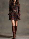 Robe Mini Vintagée à Carreaux Rouges et Marron (Inclut une Ceinture)
