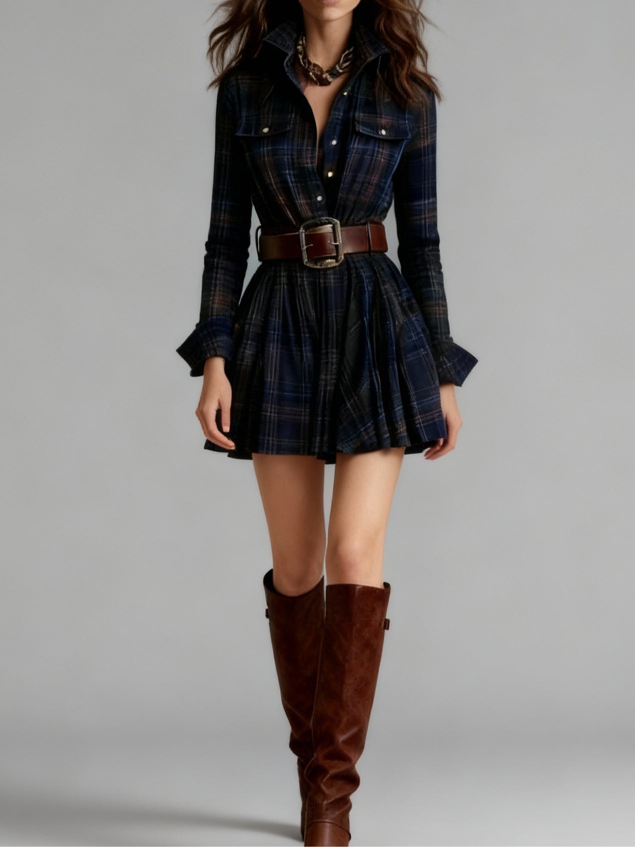 Robe Mini Vintagée à Carreaux Rouges et Marron (Inclut une Ceinture)