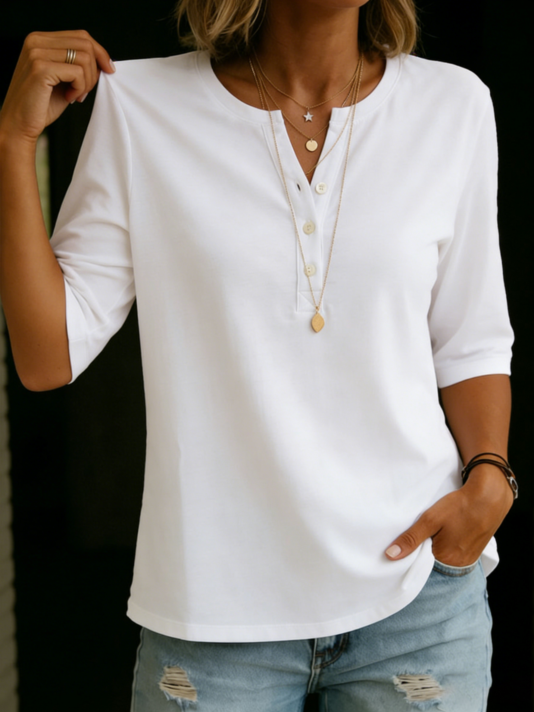 Comfortable Solid Button-Neck Henley Top