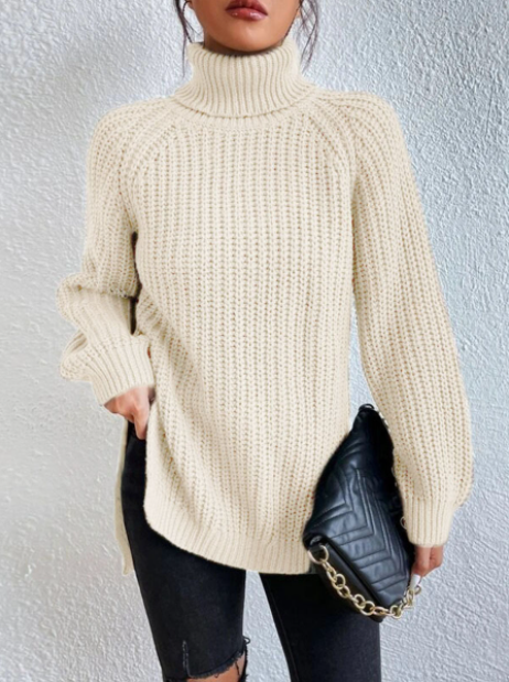 JULIA | Pull en coton à col roulé et manches raglan à ourlet fendu